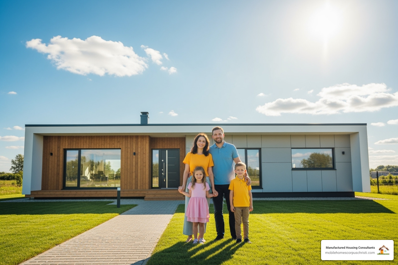 A family happily standing in front of their new prefab home - low cost prefab house