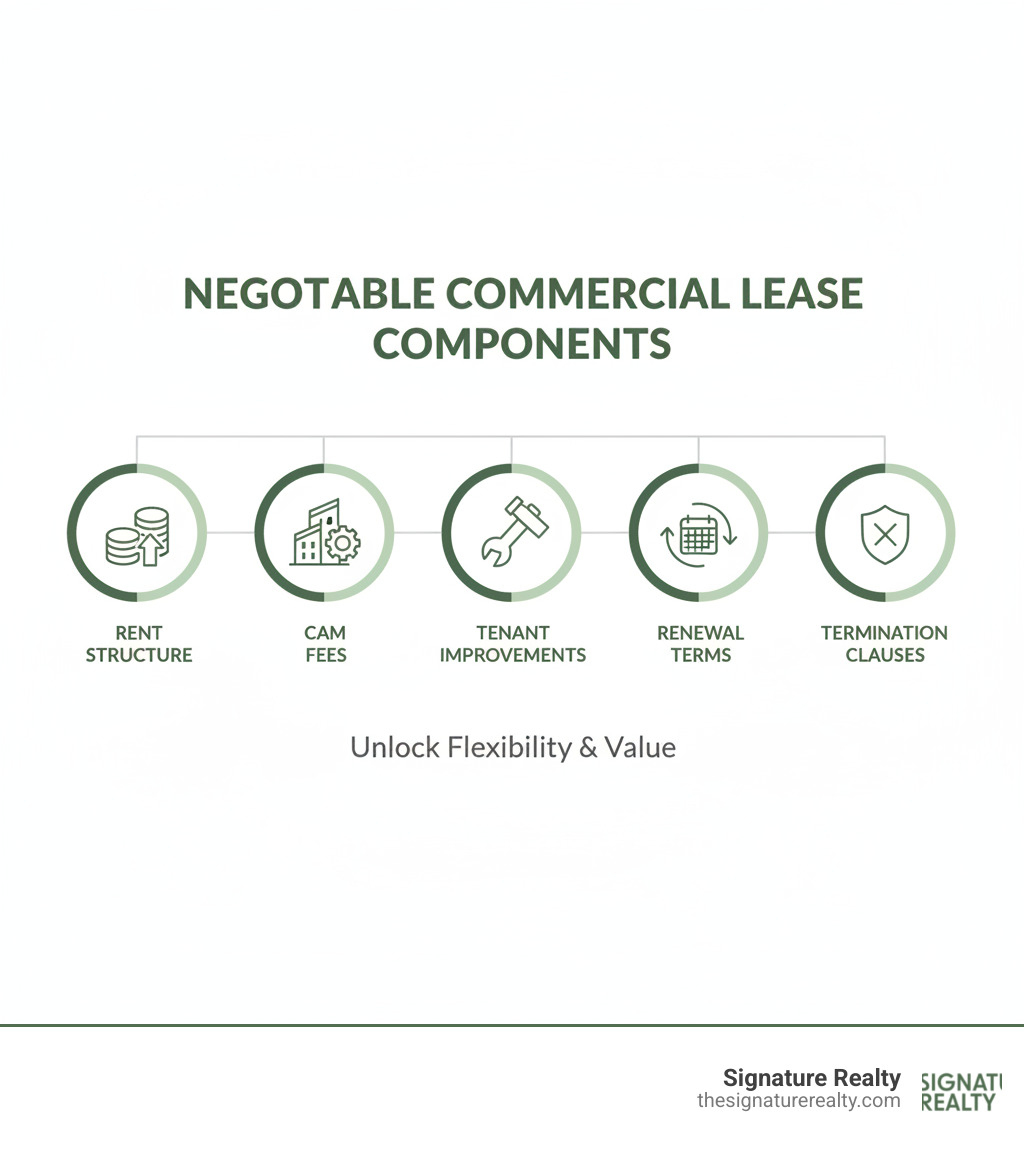infographic showing negotiable commercial lease components including rent structure CAM fees tenant improvements renewal terms and termination clauses - are commercial leases negotiable infographic infographic showing negotiable commercial lease components including rent structure CAM fees tenant improvements renewal terms and termination clauses - are commercial leases negotiable infographic