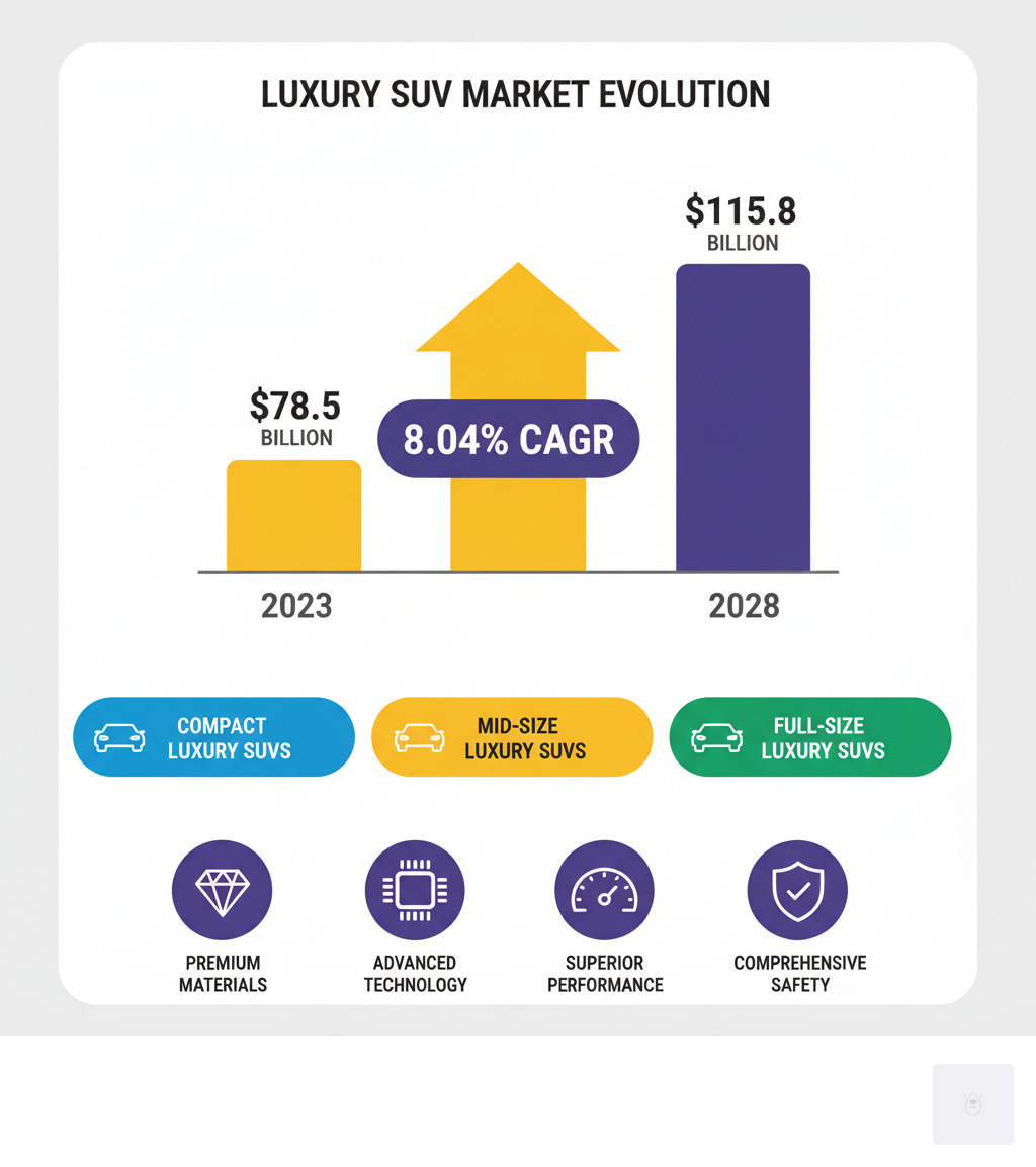 Infographic showing the luxury SUV market evolution from 2023 to 2028, with key statistics including the projected growth to $115.8 billion, the 8.04% CAGR, and callouts for the main categories: compact, mid-size, and full-size luxury SUVs, along with icons representing premium materials, advanced technology, superior performance, and comprehensive safety features - luxury suv infographic Infographic showing the luxury SUV market evolution from 2023 to 2028, with key statistics including the projected growth to $115.8 billion, the 8.04% CAGR, and callouts for the main categories: compact, mid-size, and full-size luxury SUVs, along with icons representing premium materials, advanced technology, superior performance, and comprehensive safety features - luxury suv infographic