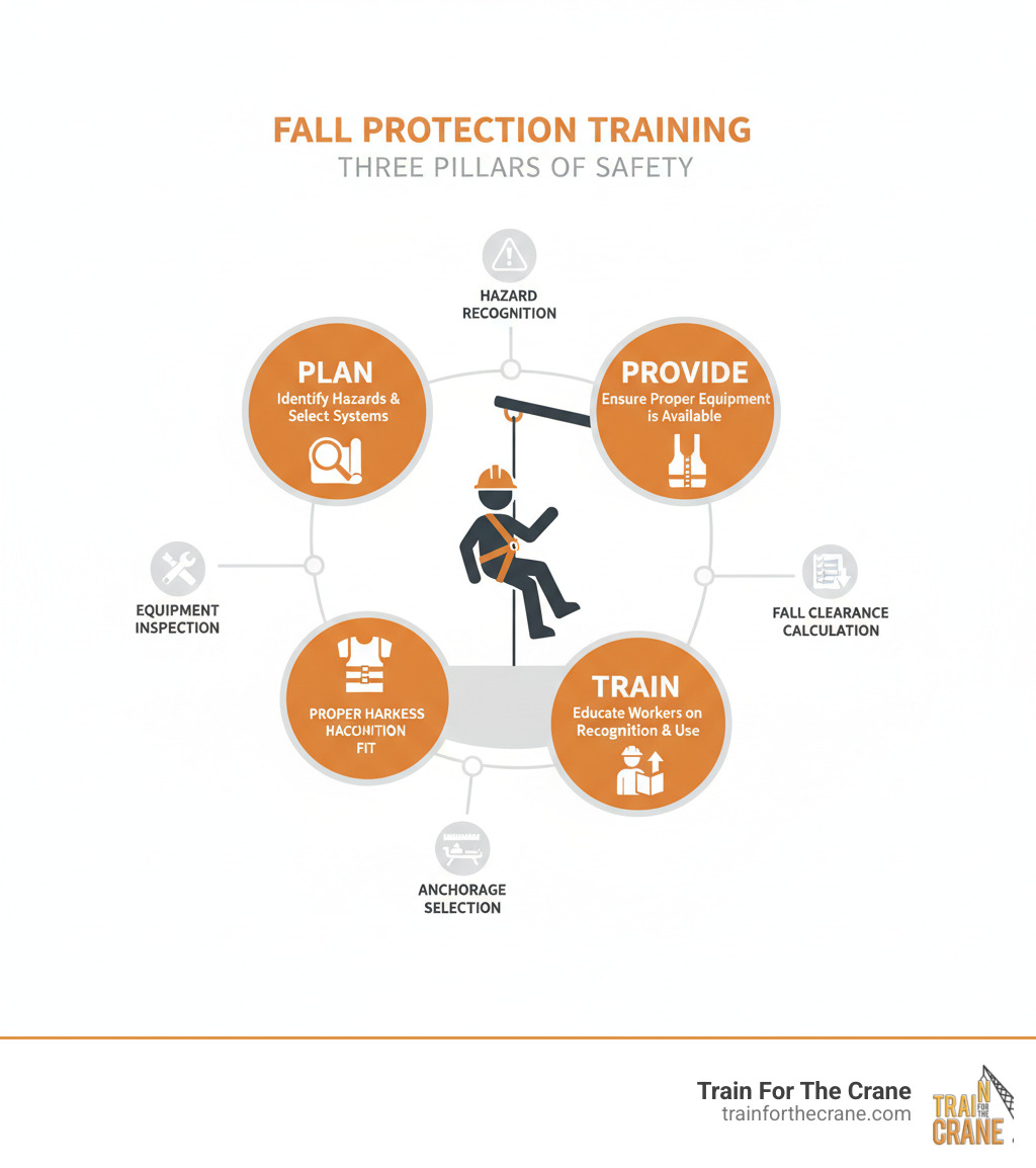 Infographic showing the three pillars of fall protection training: Plan (identify hazards and select systems), Provide (ensure proper equipment is available), and Train (educate workers on recognition and use). The center shows a worker safely connected to a personal fall arrest system at height, with callouts indicating key training elements like hazard recognition, equipment inspection, proper harness fit, fall clearance calculation, and rescue planning. - fall protection training infographic 