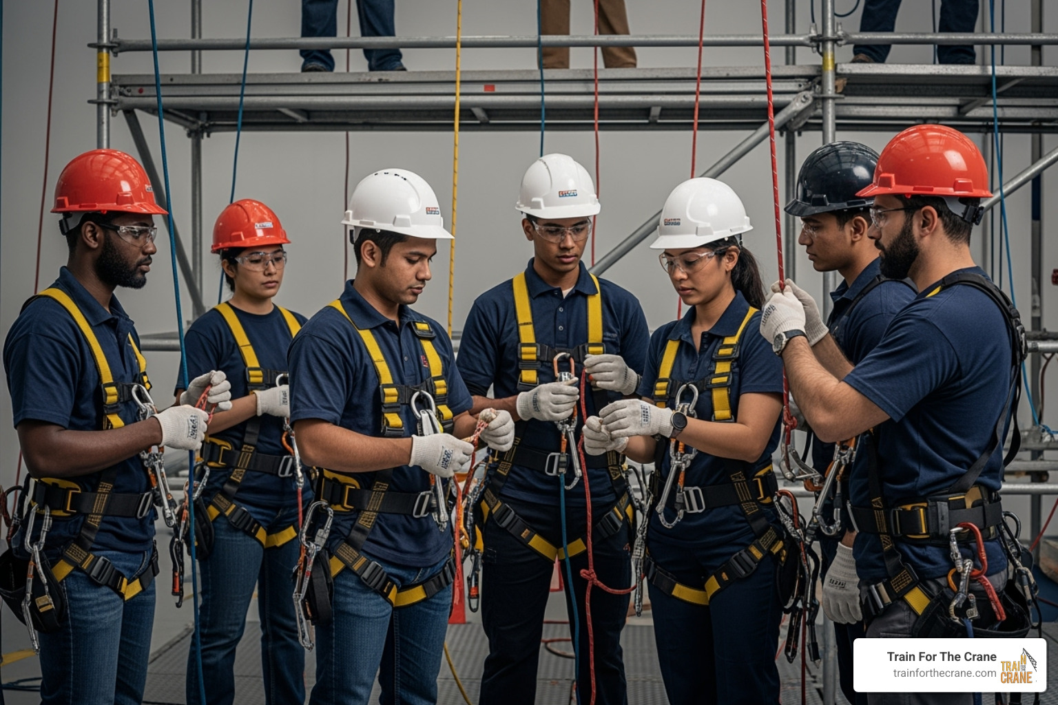 Diverse workers in fall protection training - fall protection training