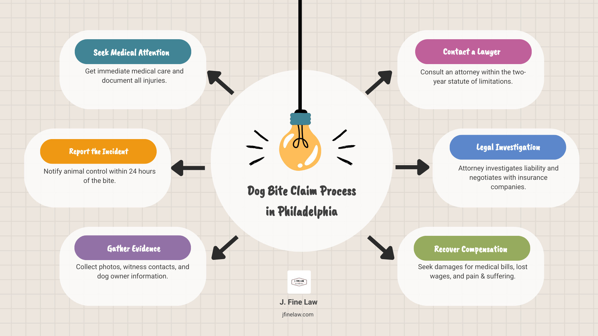 infographic showing dog bite claim process in Philadelphia: 1) Seek immediate medical attention and document injuries 2) Report bite to animal control within 24 hours 3) Gather evidence including photos, witness contacts, and dog owner information 4) Contact a lawyer within two-year statute of limitations 5) Attorney investigates liability and negotiates with insurance 6) Recover compensation for medical bills, lost wages, pain and suffering - dog bite lawyer Philadelphia infographic brainstorm-6-items