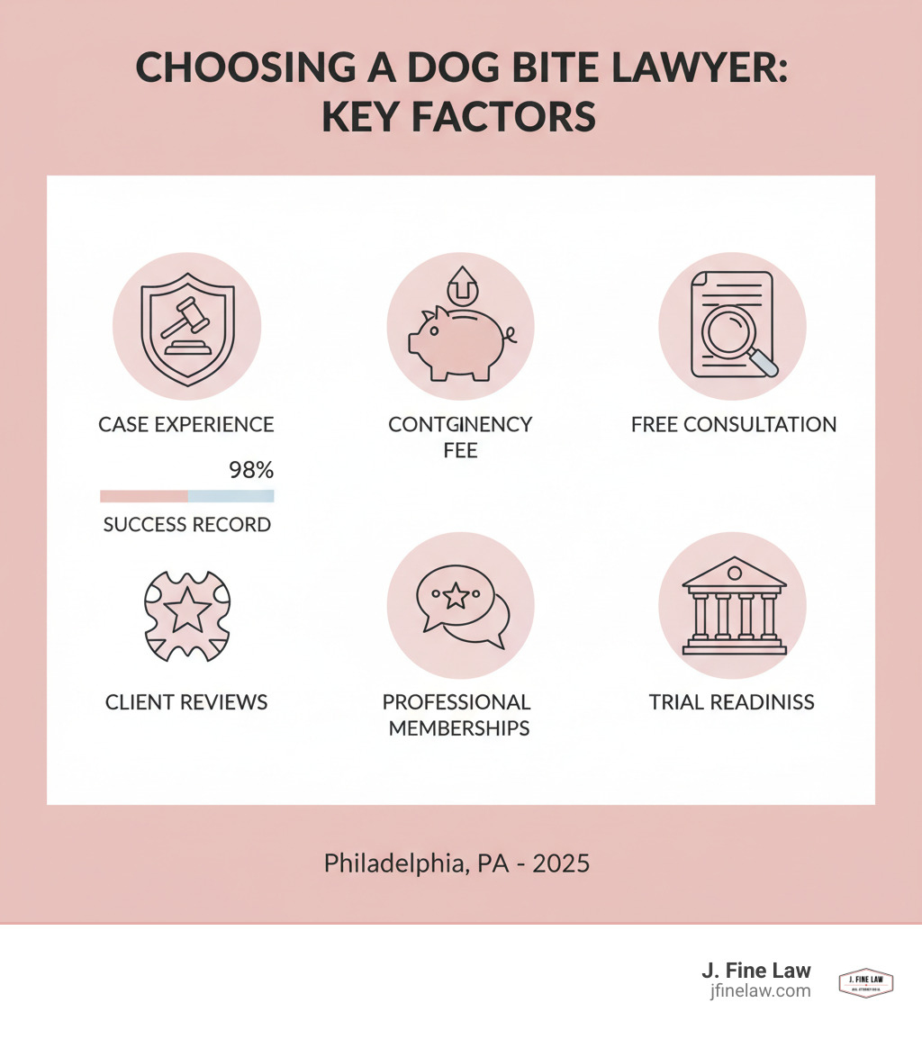 Infographic showing key factors to consider when choosing a dog bite lawyer - dog bite lawyer Philadelphia infographic 