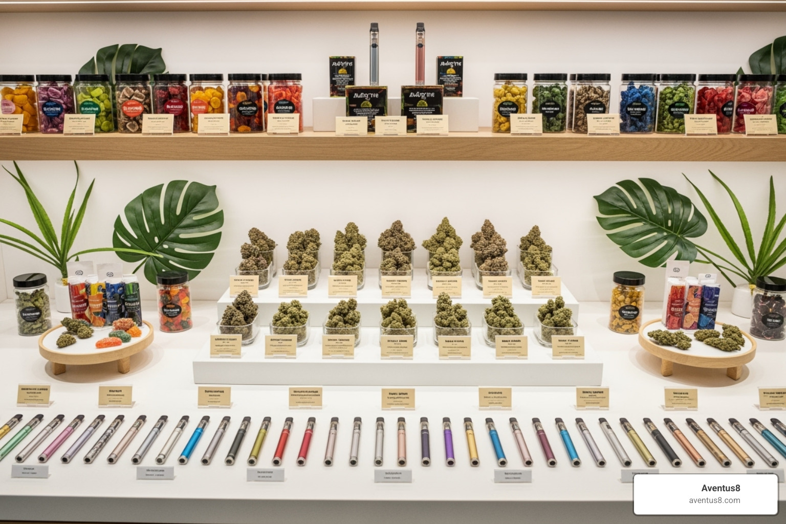 gallery showcasing a variety of cannabis products like colorful gummies, high-quality flower, and sleek vape pens - Legal online dispensary
