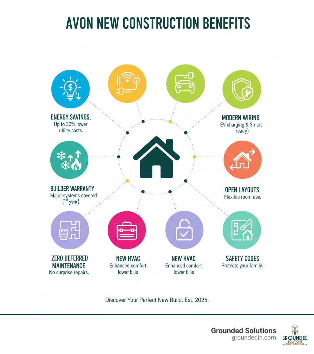 Infographic showing benefits of new construction: Energy-efficient electrical systems with LED lighting and smart controls, Modern wiring supports EV chargers and smart home technology, Builder warranties cover major systems for first year, Open floor plans allow flexible room use, New HVAC systems provide better comfort, Zero deferred maintenance means no surprise repairs, Homes built to current safety codes protect your family, Customization options during construction let you choose finishes and layouts - Avon new construction infographic 