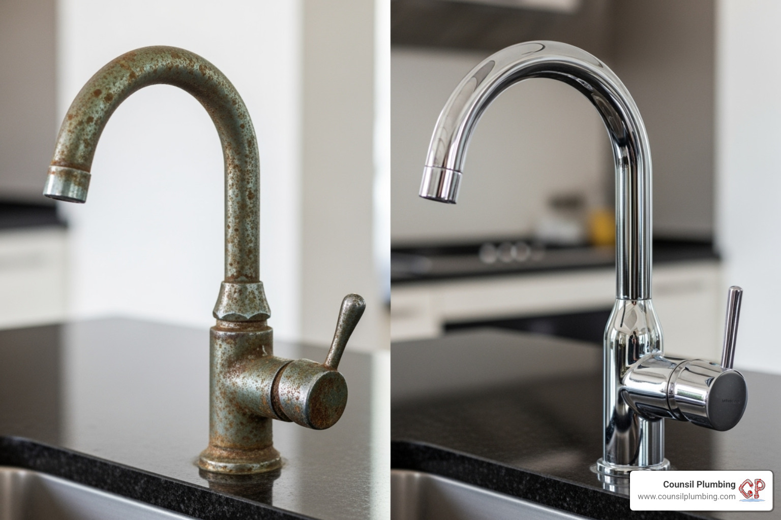 corroded old faucet next to a new shiny one - faucet installations los altos california