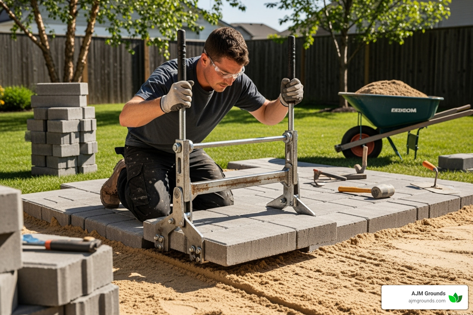 person using a paver lifter tool to place a large paver - installing large pavers