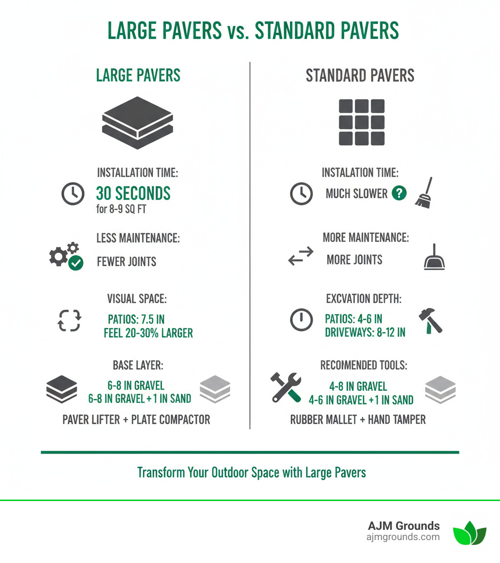 infographic showing comparison of large pavers versus standard pavers including installation time of 30 seconds for 8-9 square feet with large pavers, fewer joints meaning less maintenance, making spaces feel 20-30 percent larger visually, excavation depth requirements of 7.5 inches for patios and 11.25 inches for driveways, base layer composition of 6-8 inches gravel plus 1 inch sand, and recommended tools including paver lifter and plate compactor - installing large pavers infographic 