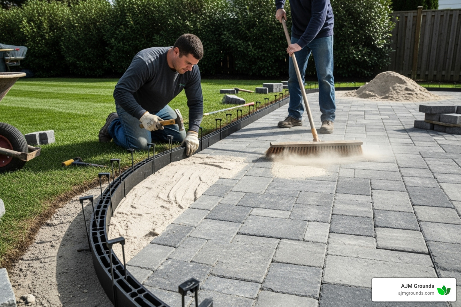edge restraints being installed and polymeric sand being swept into joints - installing large pavers