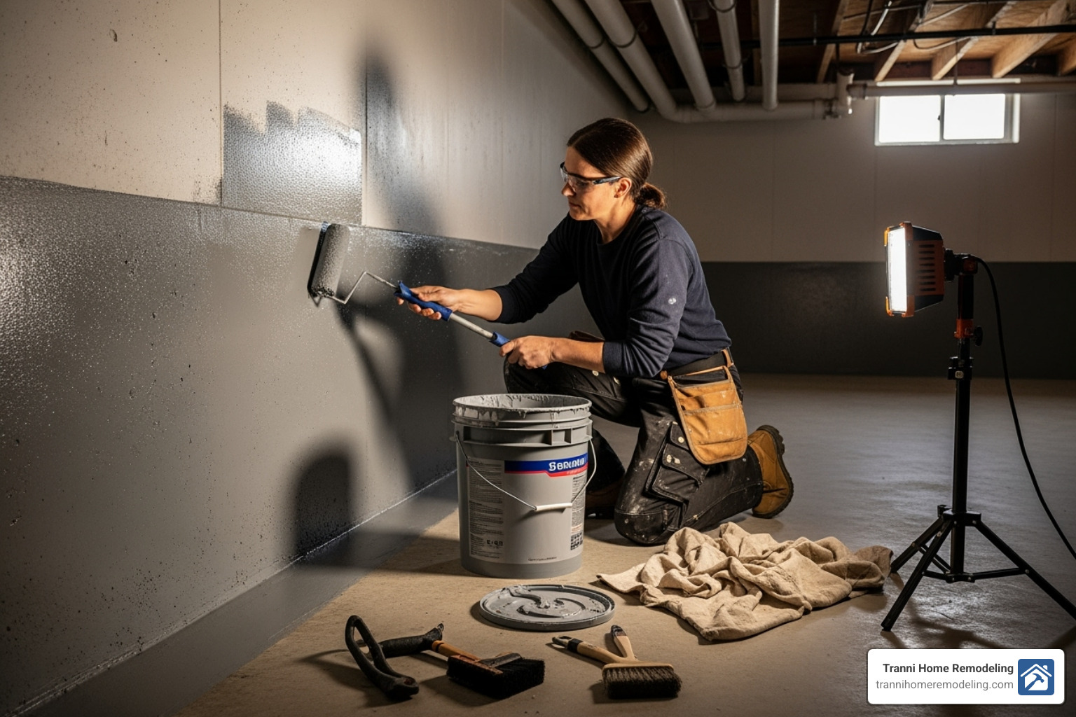 homeowner applying waterproof sealant to a concrete basement wall - finishing a basement on a budget