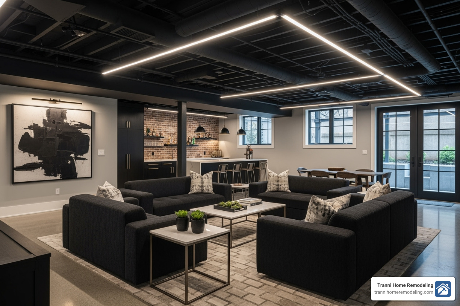 stylish basement with a painted black exposed ceiling and ductwork - finishing a basement on a budget