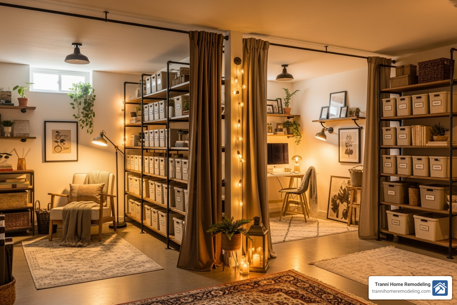 well-organized basement using open shelving and curtains to create distinct zones - finishing a basement on a budget