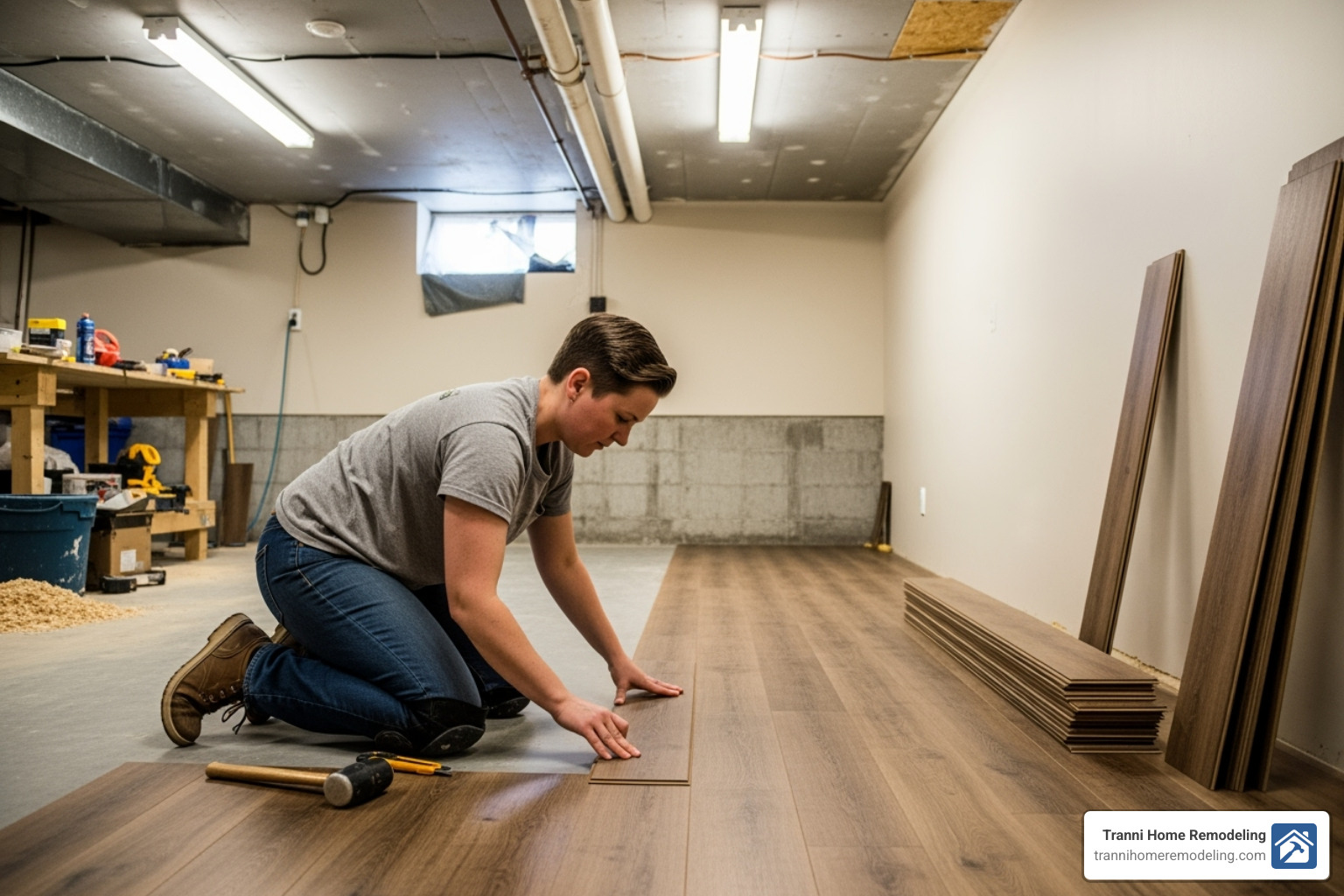 homeowner installing luxury vinyl plank flooring in a basement - finishing a basement on a budget
