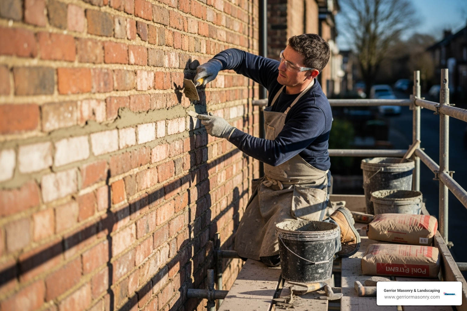 Skilled mason meticulously repointing a brick wall - Masonry repair services