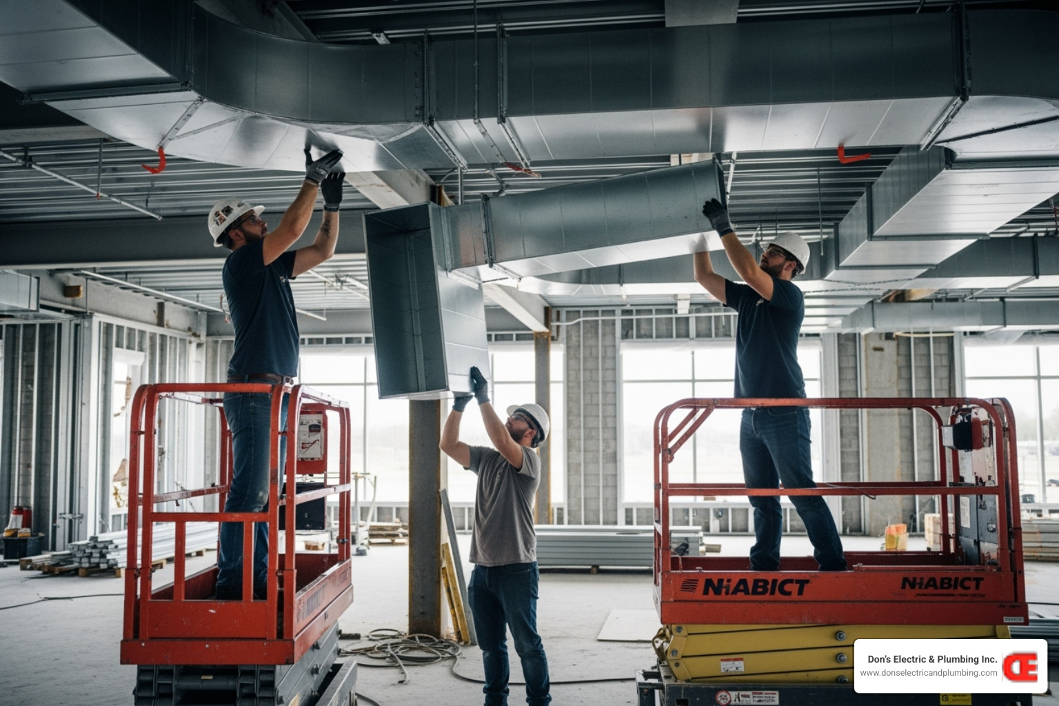 A team of professional HVAC technicians installing large-scale ductwork in the ceiling of a commercial building under construction - commercial heating installation broadalbin