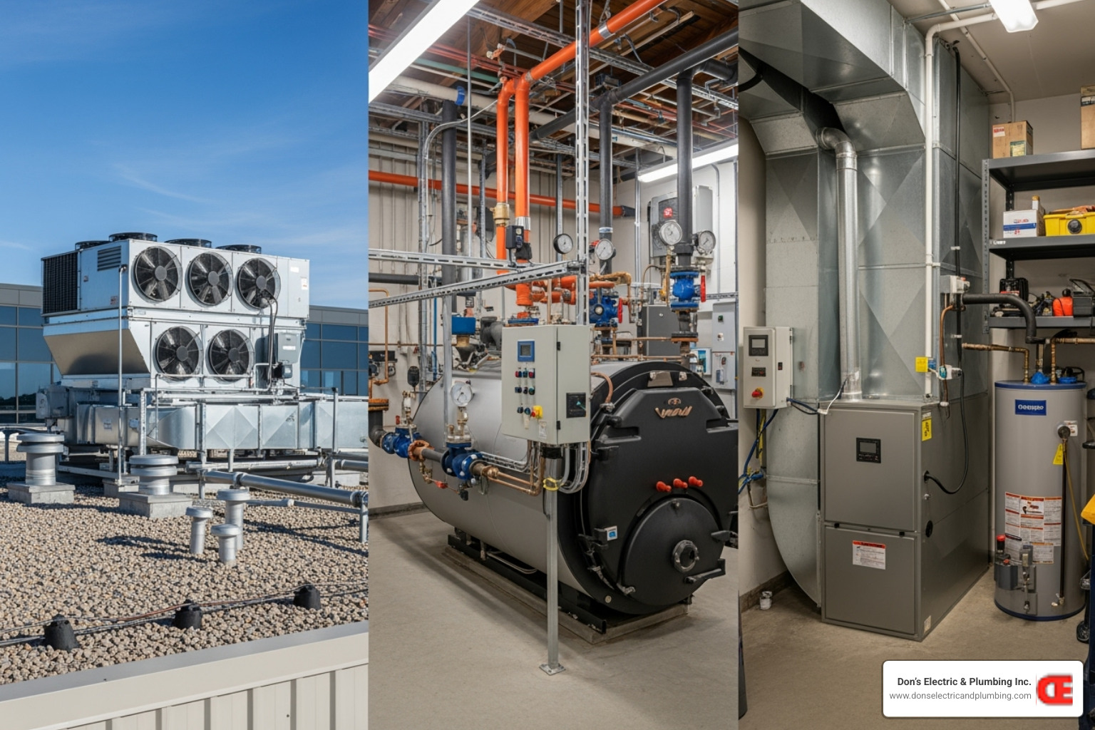 Different types of commercial heating systems including a rooftop unit on a building, a large industrial boiler, and a commercial-grade furnace in a utility room - commercial heating installation broadalbin