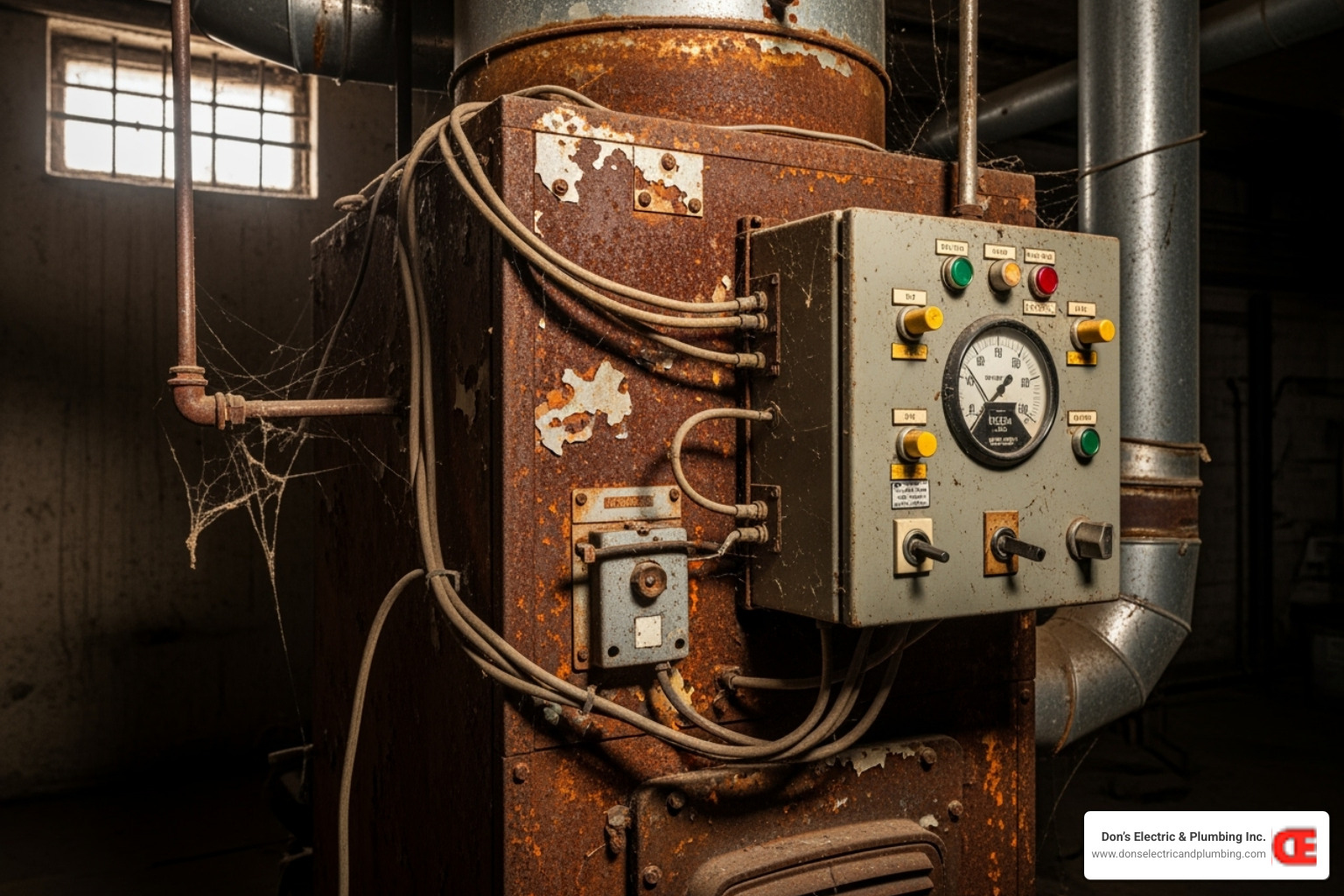 An old, visibly rusted commercial furnace with exposed wiring and a dated control panel, indicative of a system in need of replacement - commercial heating installation broadalbin