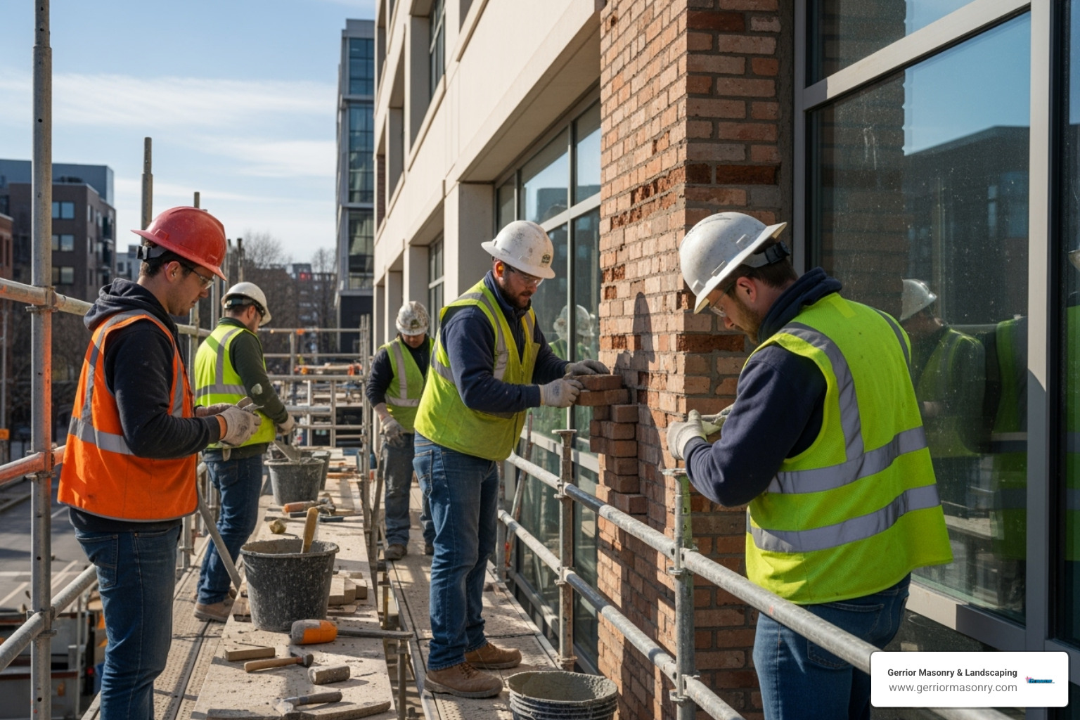 Gerrior Masonry & Landscaping team working on a commercial masonry project - Masonry repair services