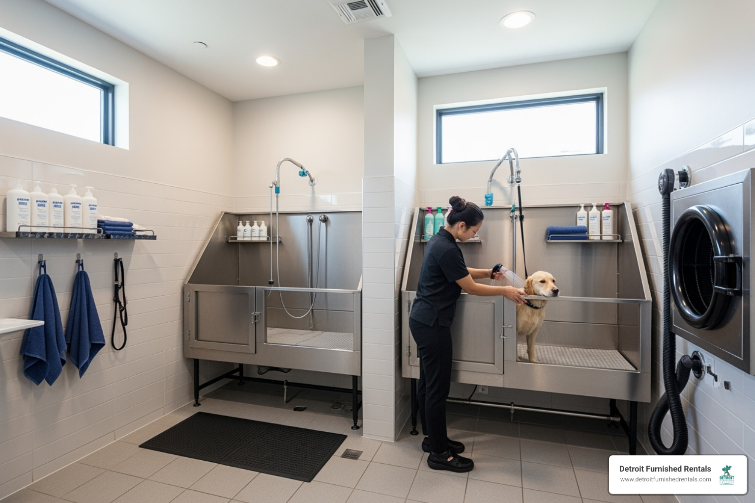 clean and modern on-site pet washing station in an apartment building - Dog friendly apartments Detroit