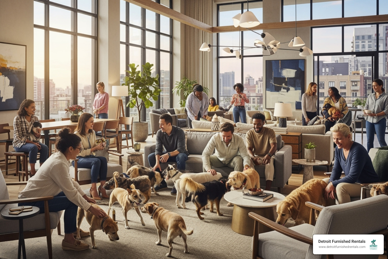 residents and their dogs mingling in an apartment building's community lounge - Dog friendly apartments Detroit