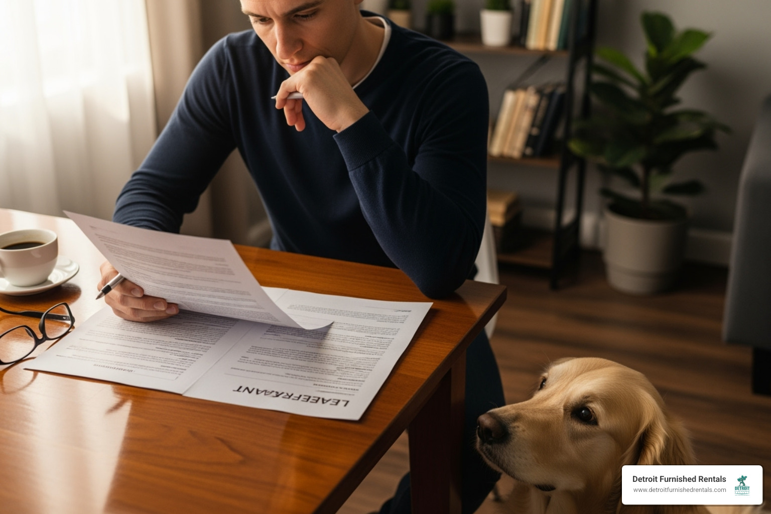 person carefully reading a lease agreement with their dog sitting beside them - Dog friendly apartments Detroit