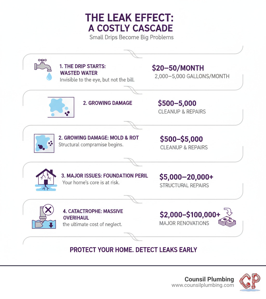 infographic showing the progression of leak consequences: small drip leads to wasted water and higher bills, then to structural damage and mold growth, then to foundation issues and major repairs, with dollar amounts and gallon waste at each stage - Leak Detection infographic infographic showing the progression of leak consequences: small drip leads to wasted water and higher bills, then to structural damage and mold growth, then to foundation issues and major repairs, with dollar amounts and gallon waste at each stage - Leak Detection infographic