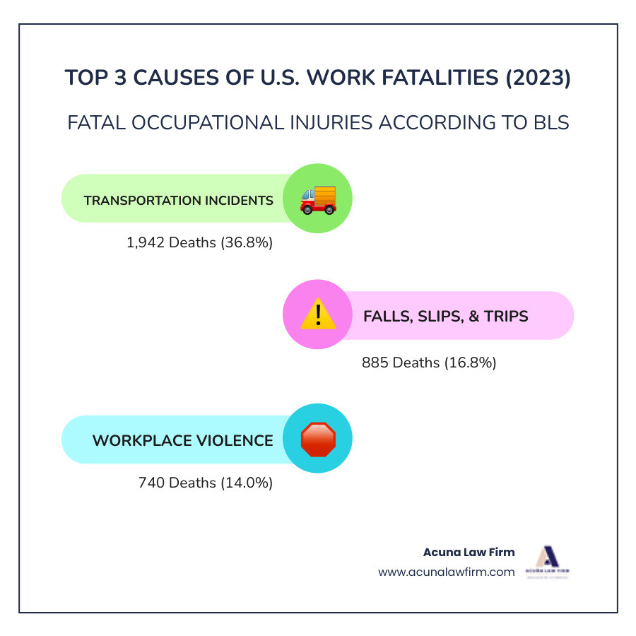 Infographic showing the top 3 causes of work fatalities in the United States: Transportation incidents accounting for 36.8% of deaths with 1,942 fatalities, Falls slips and trips causing 885 deaths or 16.8%, and Violence including homicides causing 740 deaths or 14.0% - work fatalities infographic infographic-line-3-steps-colors