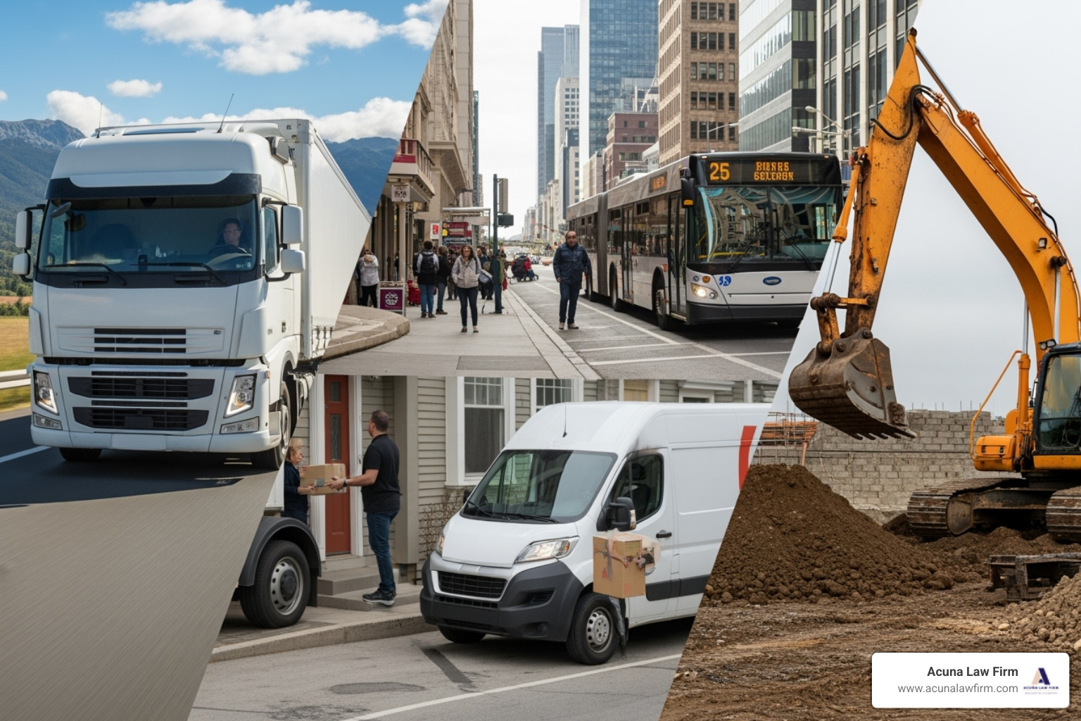 collage showing different types of commercial vehicles: a large semi-truck, a city bus, a delivery van (like Amazon's), and a construction vehicle. - abogado de accidentes de vehículos comerciales