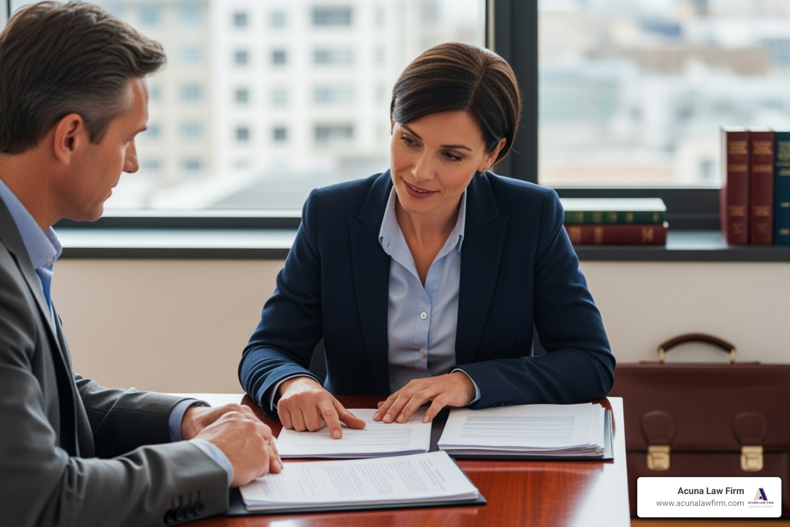 lawyer meeting with a client, looking over documents with a compassionate expression. - abogado de accidentes de vehículos comerciales