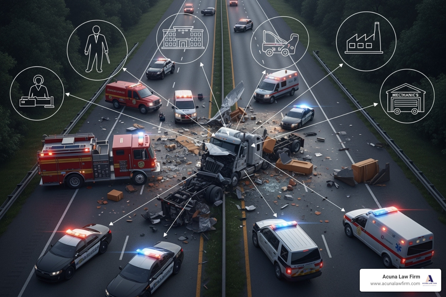 flowchart showing potential liable parties stemming from a truck accident: Driver, Trucking Company, Cargo Loader, Manufacturer, Maintenance Shop. - abogado de accidentes de vehículos comerciales