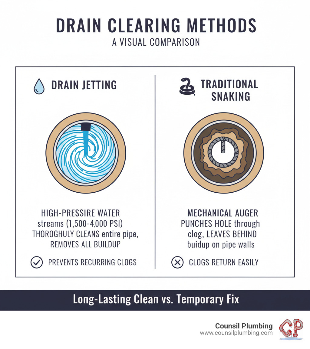 Infographic comparing drain jetting vs traditional snaking methods, showing drain jetting cleans the entire pipe circumference with high-pressure water streams while snaking only punches a hole through the center of blockages, leaving buildup on pipe walls that causes recurring clogs - drain jetting infographic Infographic comparing drain jetting vs traditional snaking methods, showing drain jetting cleans the entire pipe circumference with high-pressure water streams while snaking only punches a hole through the center of blockages, leaving buildup on pipe walls that causes recurring clogs - drain jetting infographic