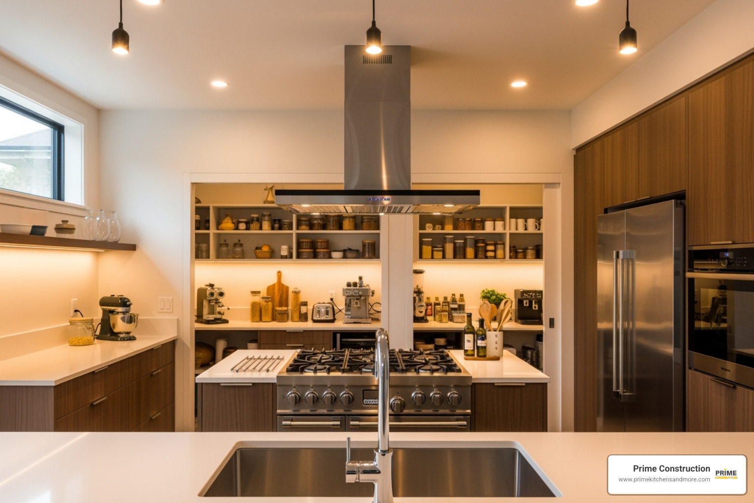 well-lit kitchen showing the work triangle and an organized pantry - classic kitchen trends
