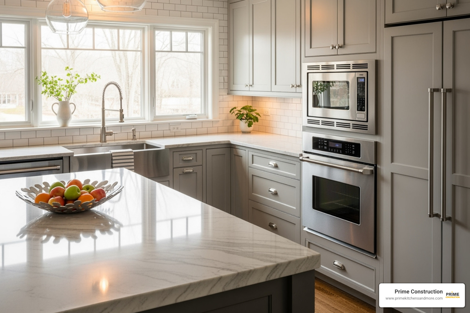 kitchen with a quartzite countertop and subway tile backsplash - classic kitchen trends