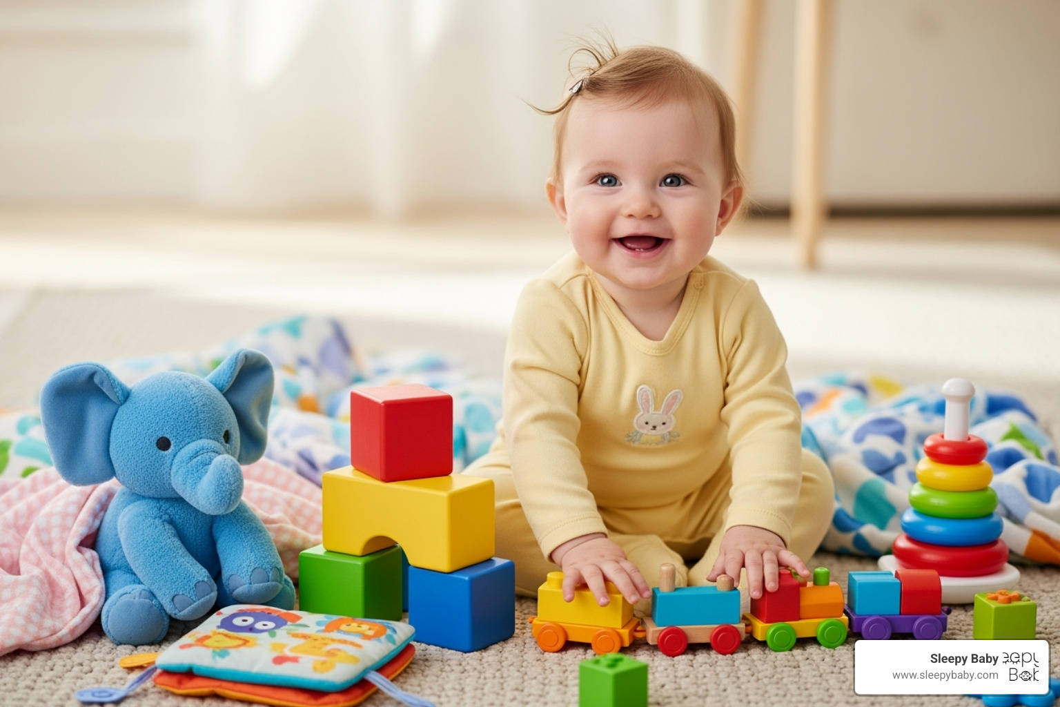 Happy baby girl surrounded by toys and blankets - gifts for baby girl