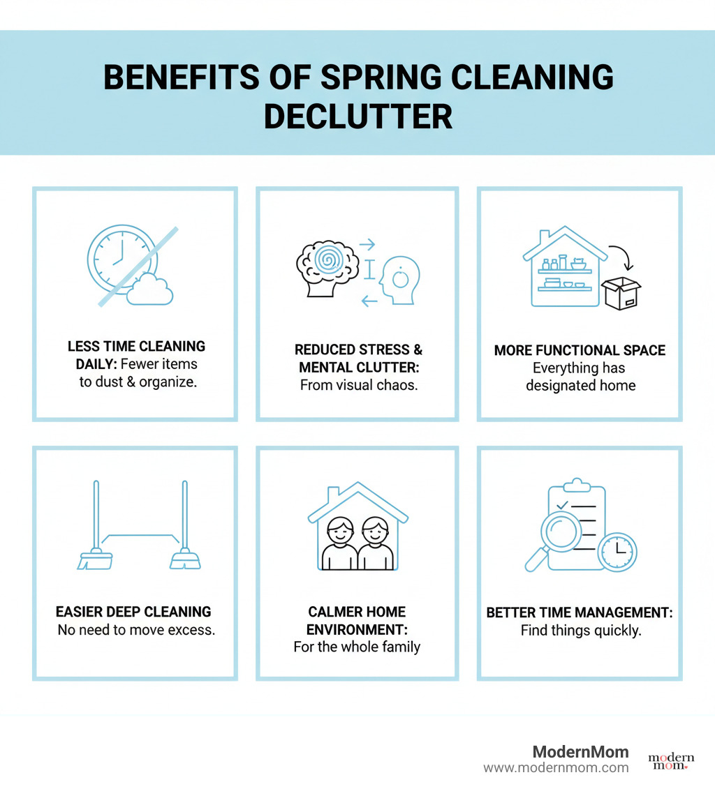 infographic showing the benefits of spring cleaning declutter: Less Time Cleaning Daily means fewer items to dust and organize; Reduced Stress and Mental Clutter from visual chaos; More Functional Space where everything has a designated home; Easier Deep Cleaning without moving excess items; Calmer Home Environment for the whole family; Better Time Management by finding things quickly - Spring cleaning declutter infographic 