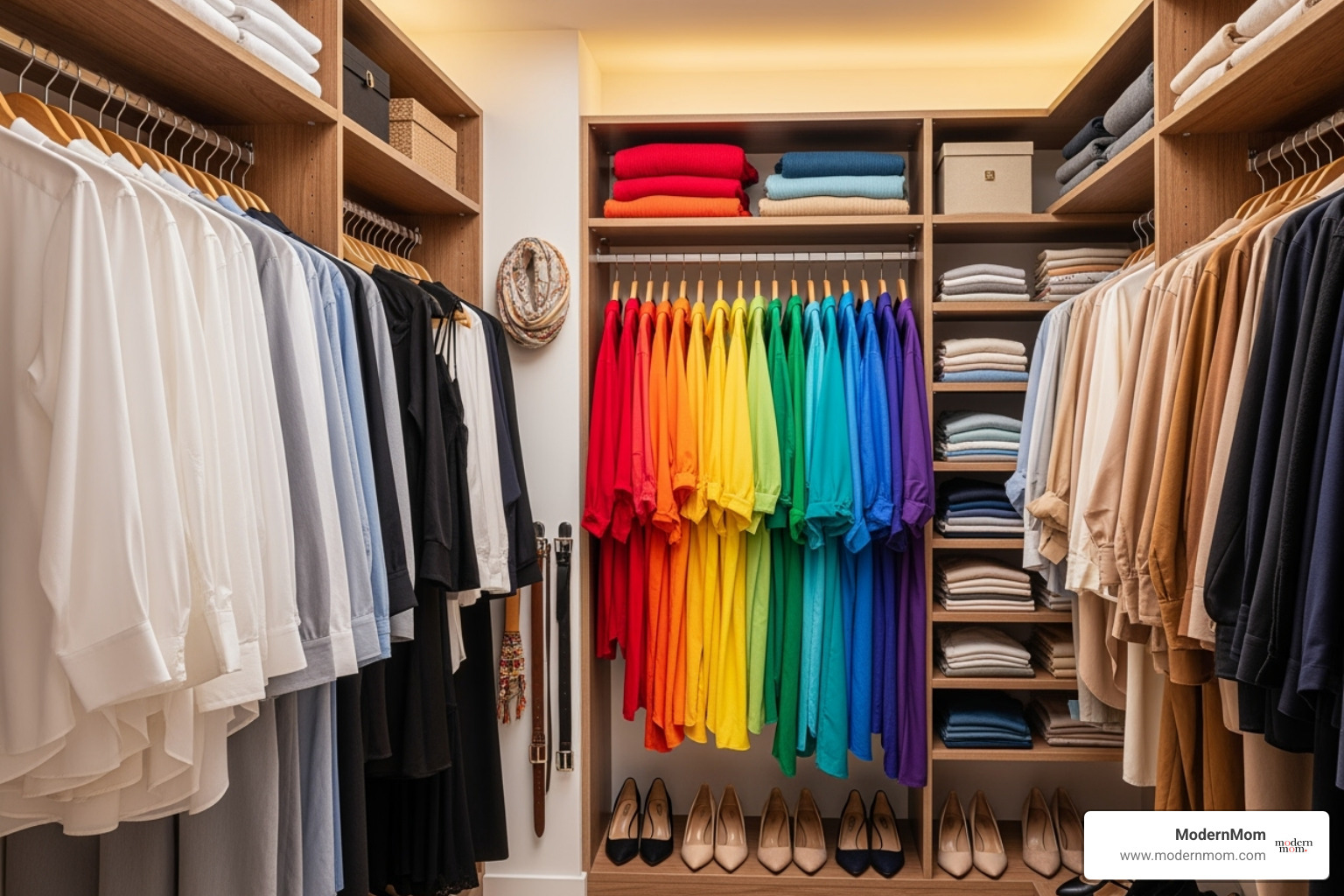 neatly organized closet with clothes sorted by color - Spring cleaning declutter