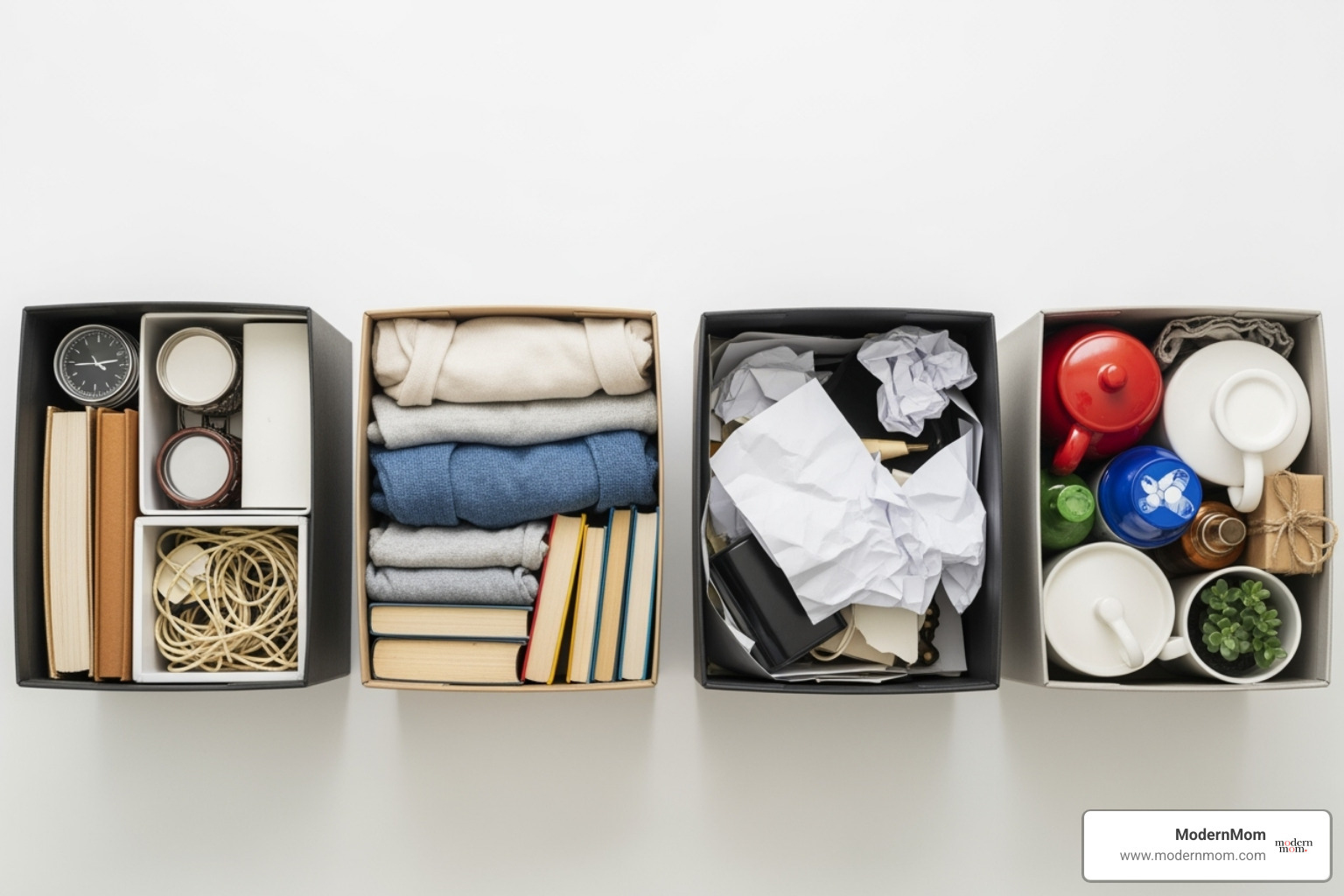four labeled boxes or bins: "Keep," "Donate," "Trash," and "Relocate" - Spring cleaning declutter