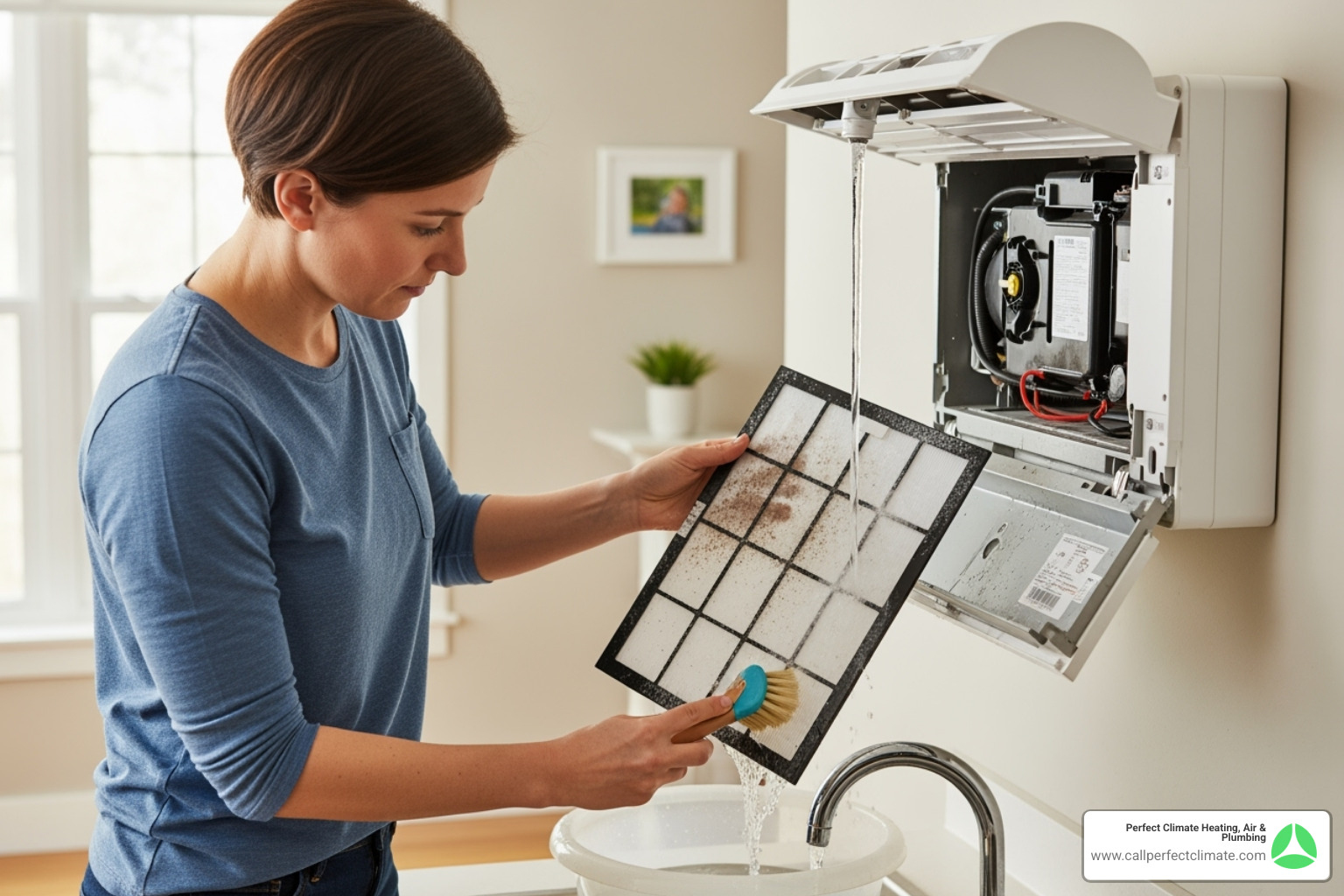 Homeowner cleaning filter of ductless mini-split - ductless hvac maintenance in mount carmel il Homeowner cleaning filter of ductless mini-split - ductless hvac maintenance in mount carmel il