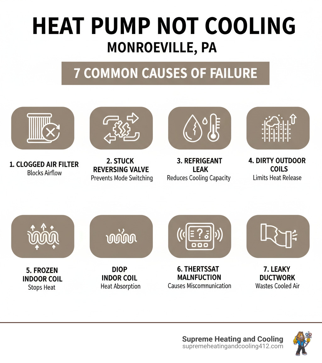 Infographic showing the 7 most common causes of heat pump cooling failure: 1. Clogged air filter blocking airflow, 2. Stuck reversing valve preventing mode switching, 3. Refrigerant leak reducing cooling capacity, 4. Dirty outdoor coils limiting heat release, 5. Frozen indoor coil stopping heat absorption, 6. Thermostat malfunction causing miscommunication, 7. Leaky ductwork wasting cooled air - heat pump not cooling in monroeville, pa infographic 