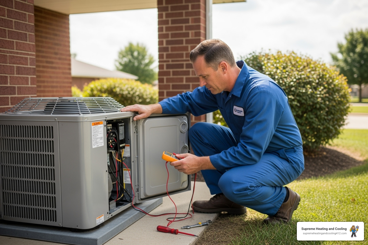 HVAC technician inspecting outdoor heat pump unit - heat pump not cooling in monroeville, pa