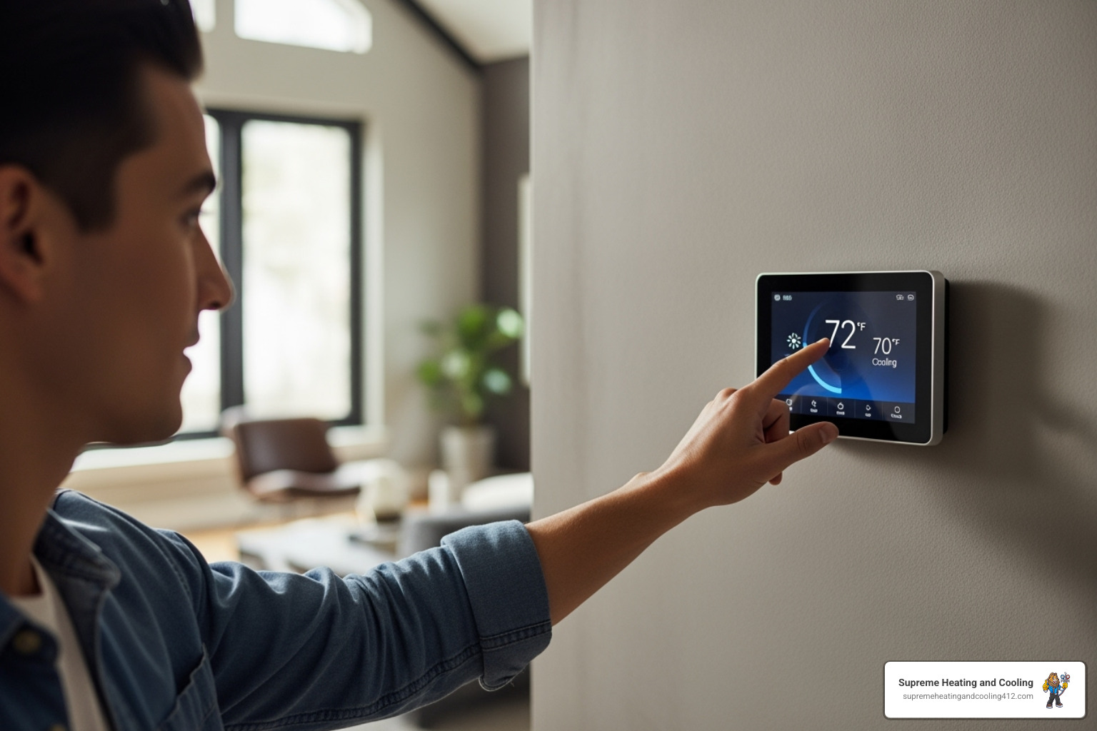 homeowner checking thermostat - heat pump not cooling in monroeville, pa