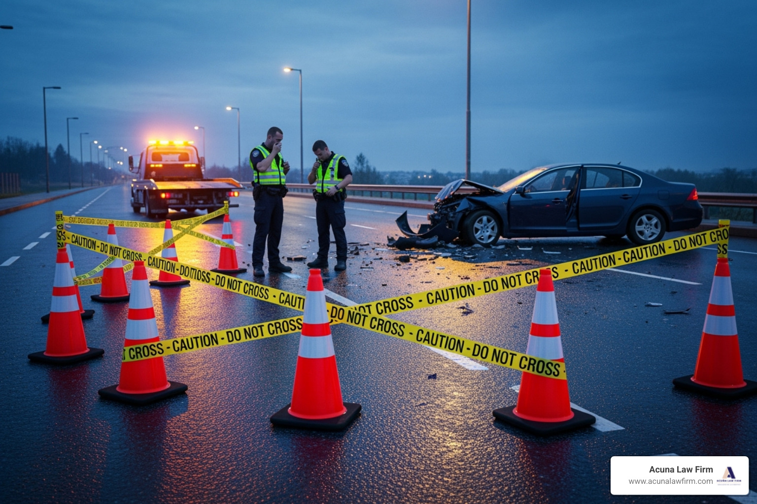 accident scene with safety cones and tape - construction accident lawyer near me