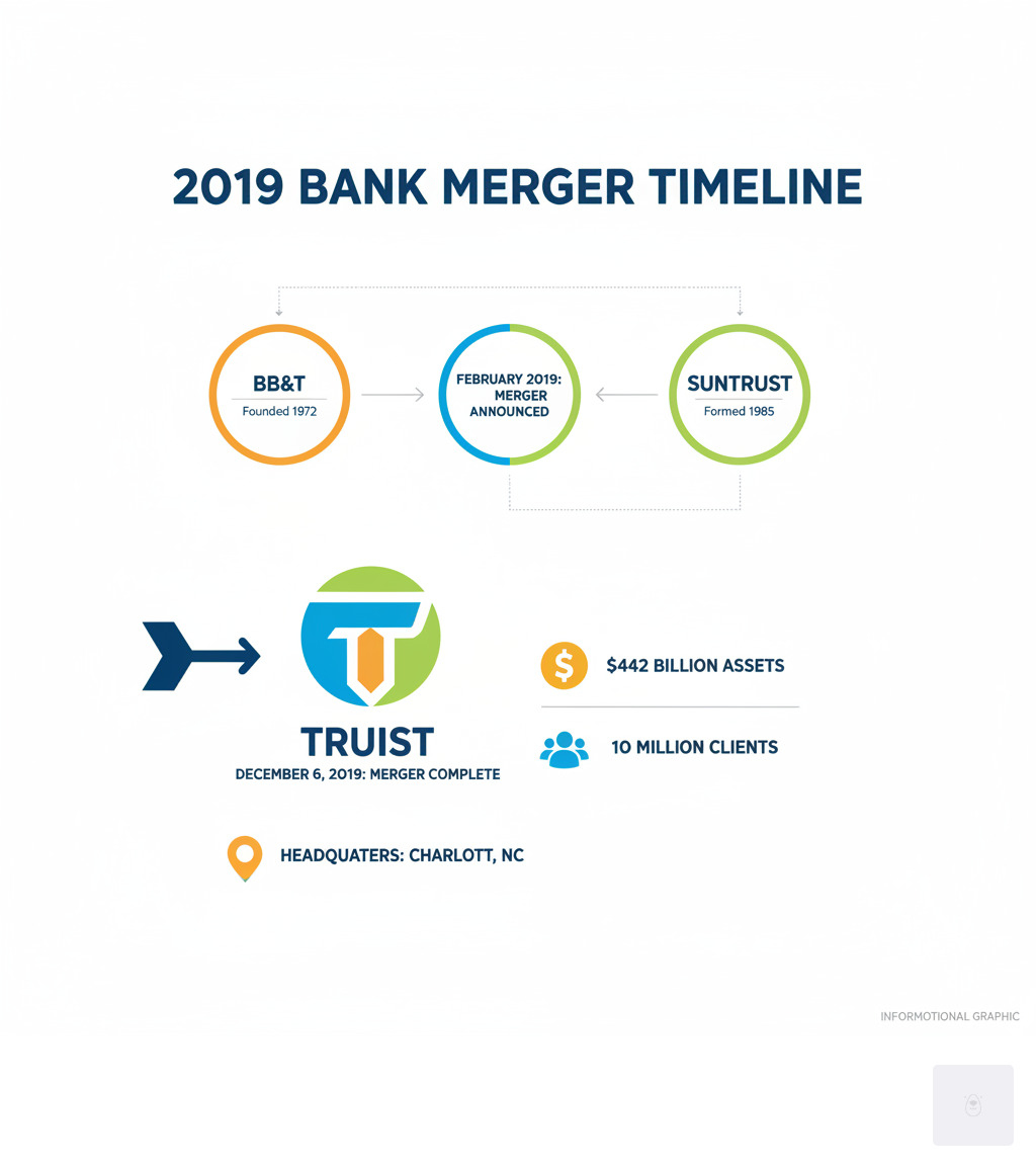 Infographic showing the 2019 merger timeline: BB&T (founded 1872) and SunTrust (formed 1985) announce merger February 2019, complete merger December 6 2019, create Truist with $442 billion assets and 10 million clients, establish Charlotte NC headquarters - truist infographic  Infographic showing the 2019 merger timeline: BB&T (founded 1872) and SunTrust (formed 1985) announce merger February 2019, complete merger December 6 2019, create Truist with $442 billion assets and 10 million clients, establish Charlotte NC headquarters - truist infographic