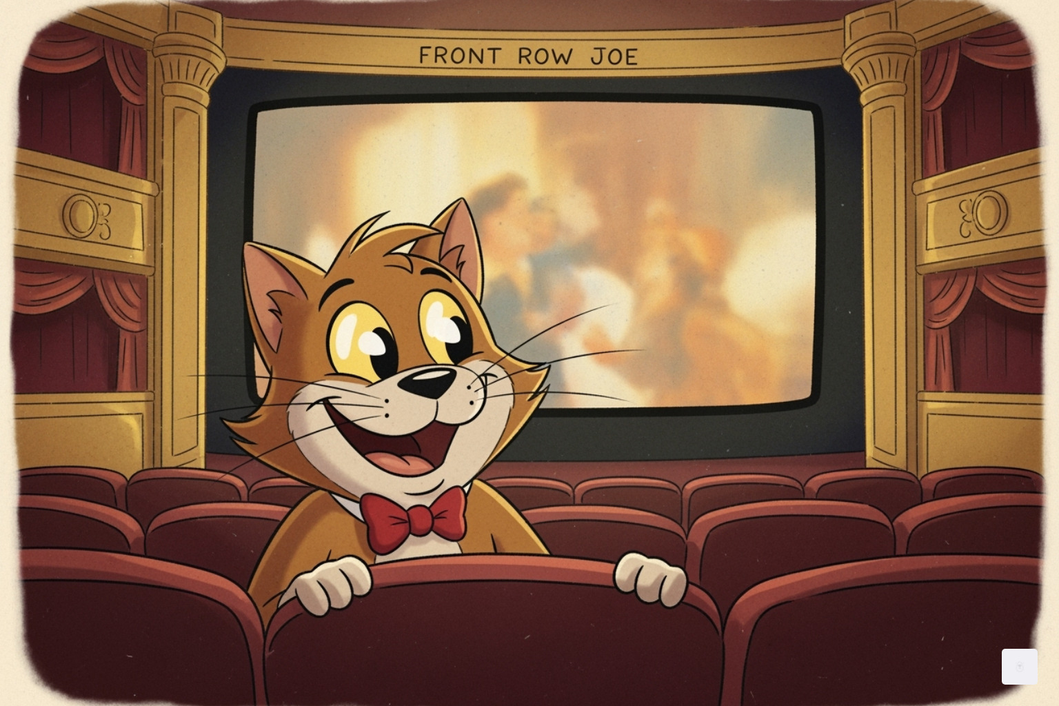 Vintage image of "Front Row Joe" mascot, a cartoon character in a movie theater setting - cinemark