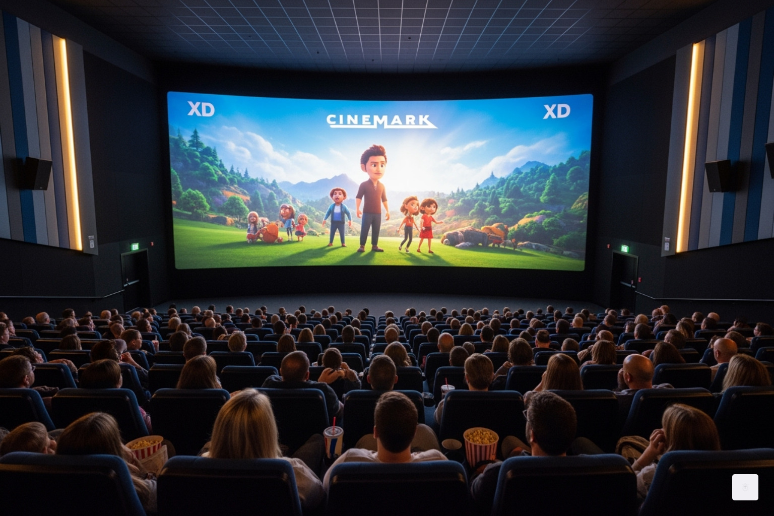 Packed Cinemark XD auditorium with a large, bright screen and audience - cinemark