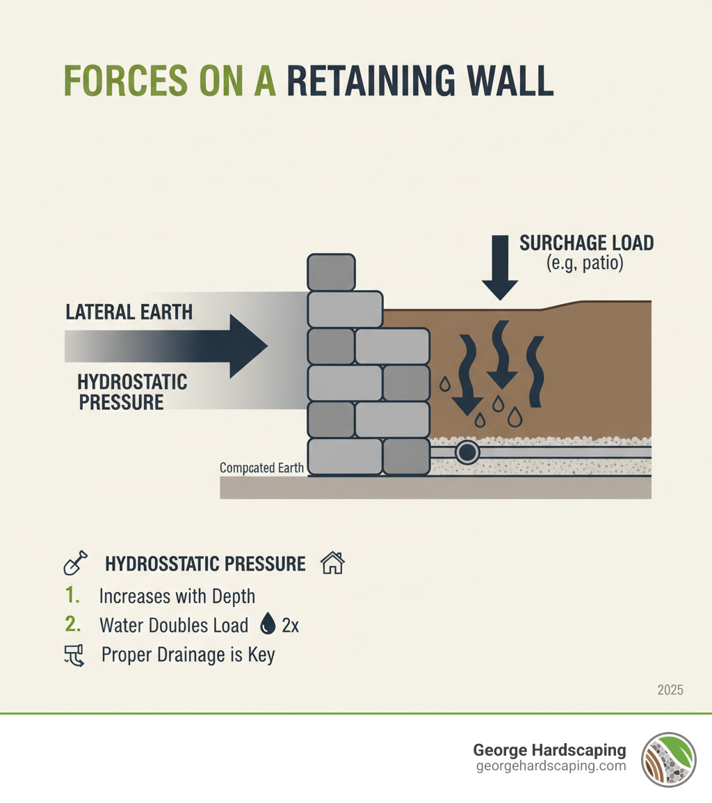 infographic explaining the basic forces acting on a retaining wall, including lateral earth pressure and hydrostatic pressure - Retaining wall designer infographic