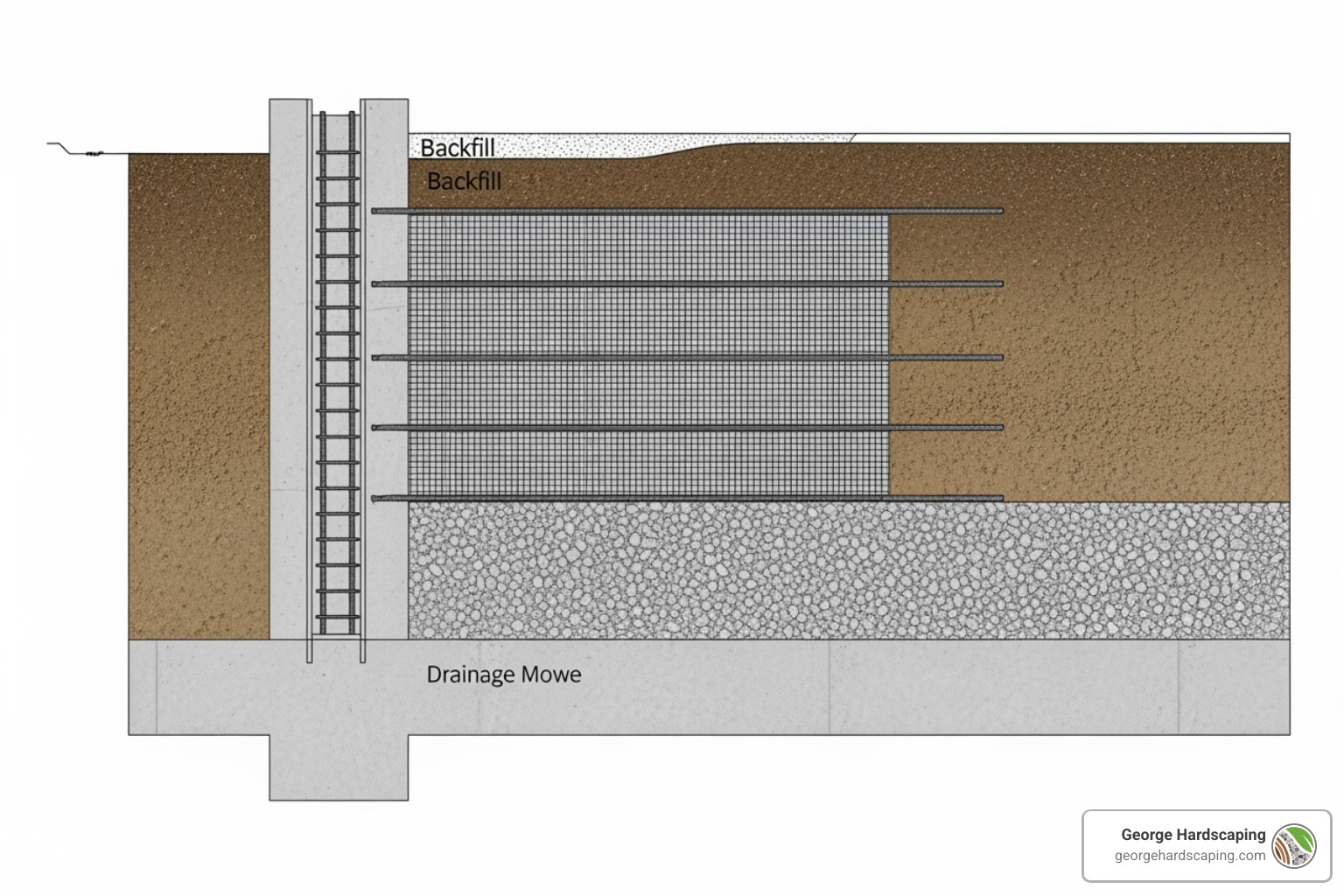 cross-section diagram of a reinforced retaining wall showing the foundation, drainage stone, geogrid layers, and backfill - Retaining wall design