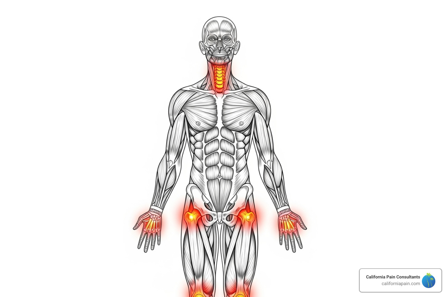 Diagram showing common pain points on the human body (back, neck, knee, hip) - interventional pain management
