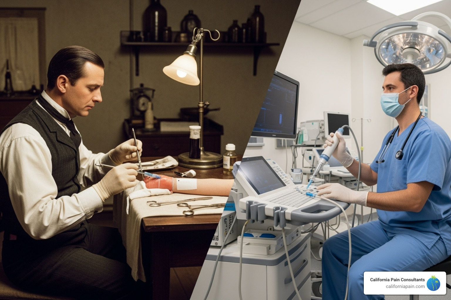 Image showing the progression from early nerve blocks to modern image-guided technology - interventional pain management