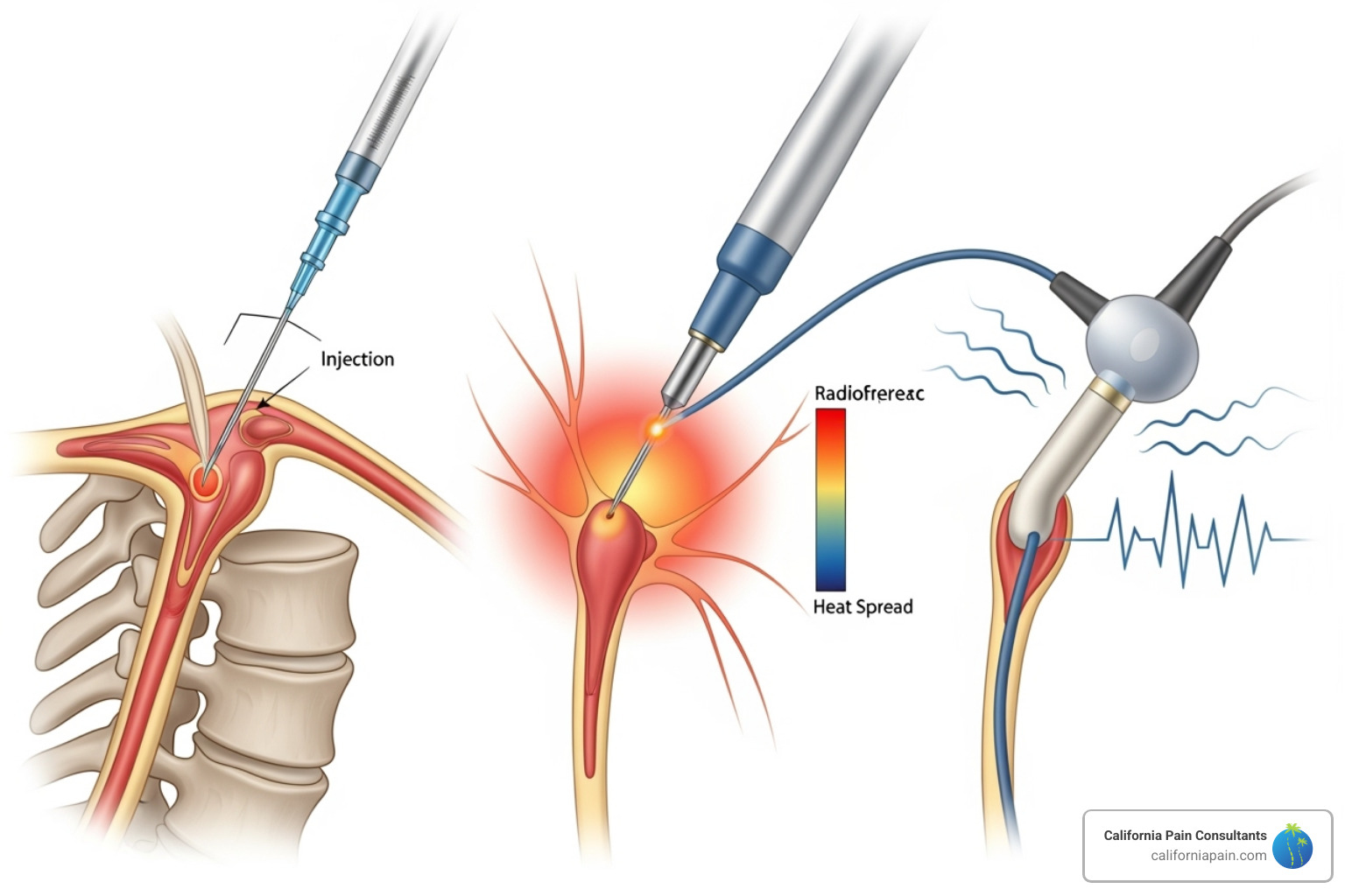 Image illustrating the difference between an injection, ablation, and stimulation - interventional pain management
